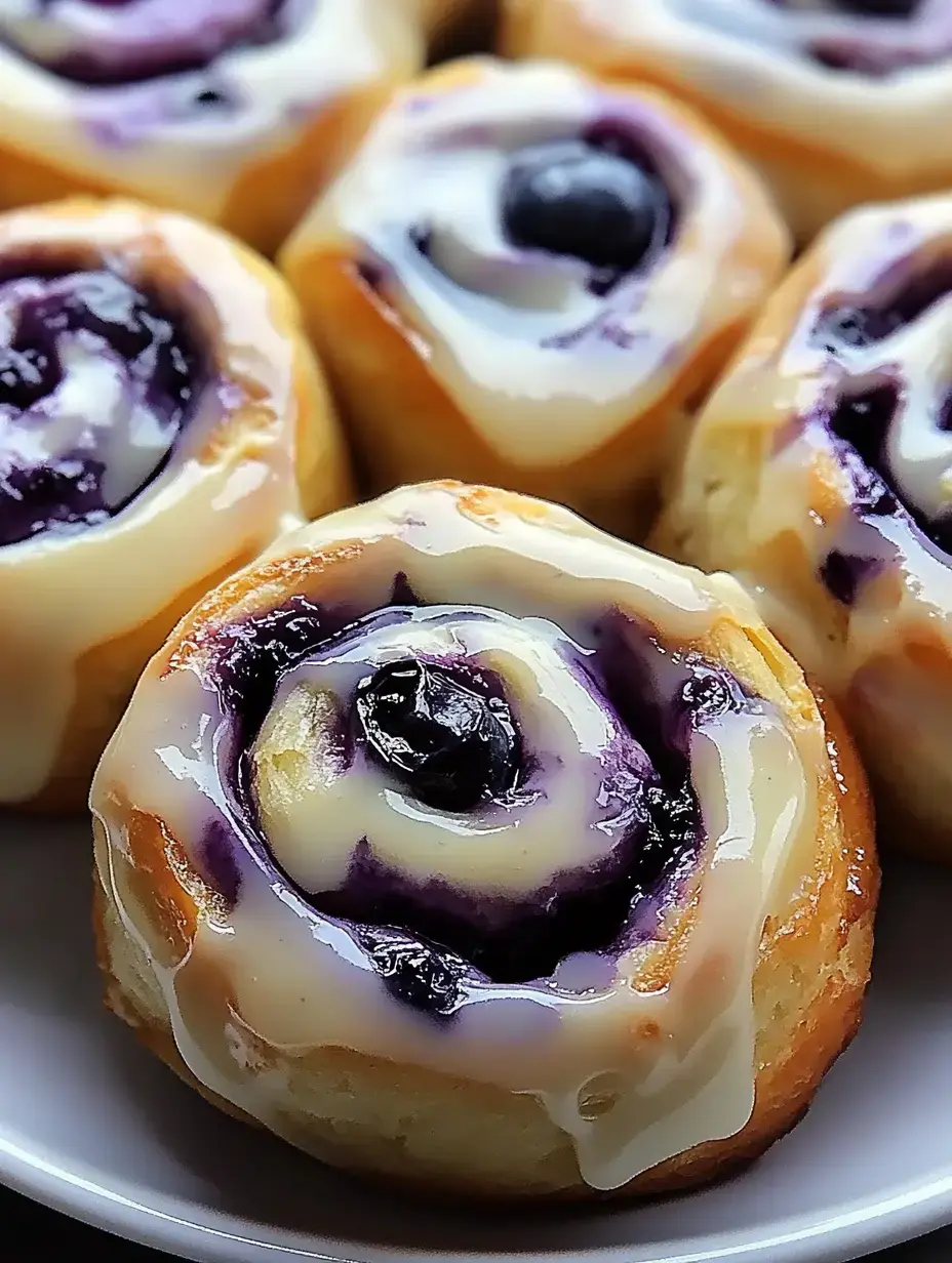 A close-up image of freshly baked blueberry cinnamon rolls topped with a creamy glaze.