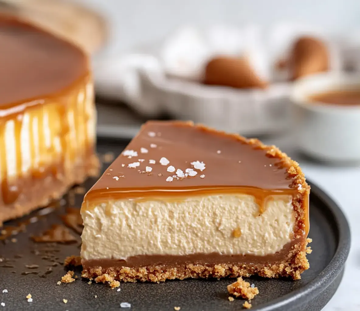 A slice of creamy caramel cheesecake with a glossy caramel topping and a crumbly graham cracker crust.