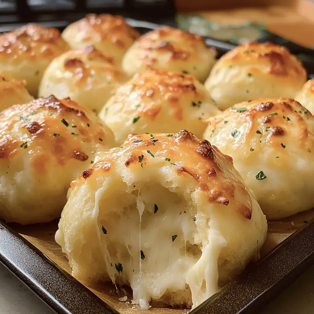 A close-up of cheesy, toasted garlic bread rolls, with one broken open to reveal gooey melted cheese inside.