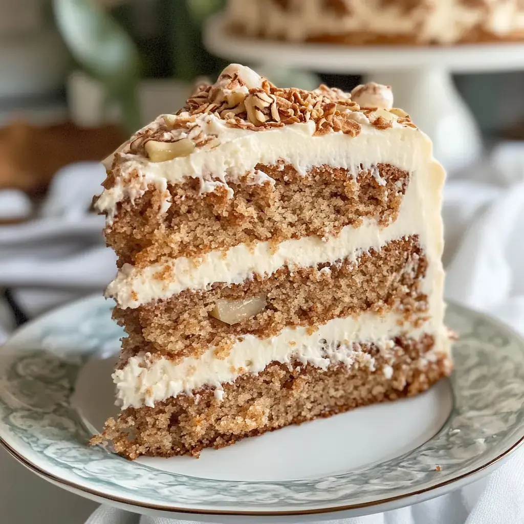 A slice of layered cake with cream frosting and nuts, displayed on a decorative plate.