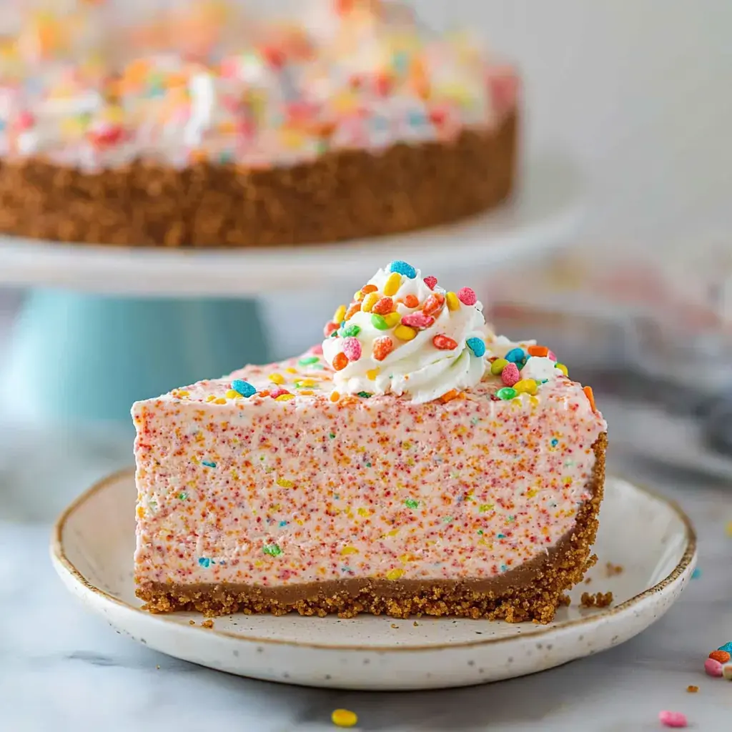 A slice of colorful birthday cake with sprinkles and whipped cream, served on a plate, is showcased, with the whole cake blurred in the background.