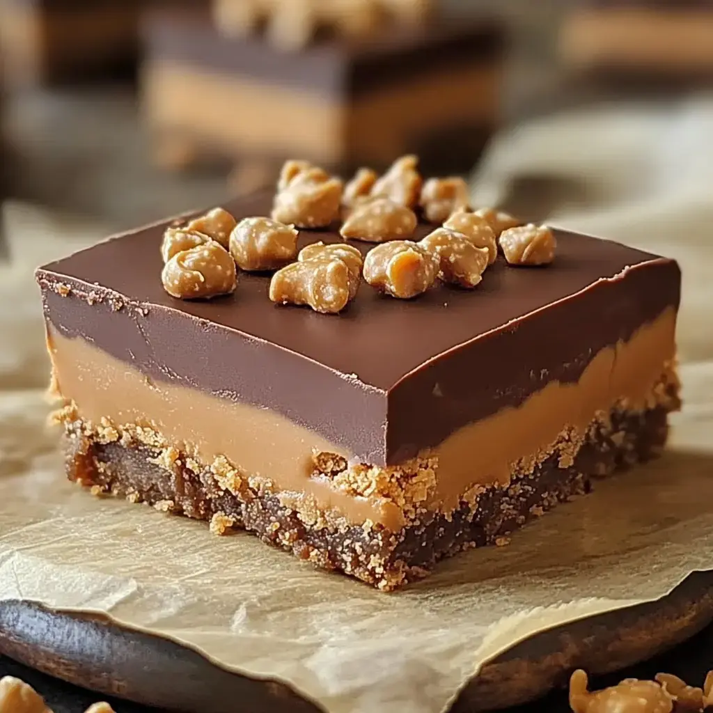 A close-up image of a layered dessert square featuring a crumbly base, a layer of caramel, and a glossy chocolate topping sprinkled with caramel bits.