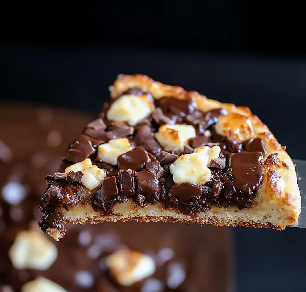 A slice of chocolate dessert pizza topped with chocolate chunks and white chocolate pieces, being held above a darker background.