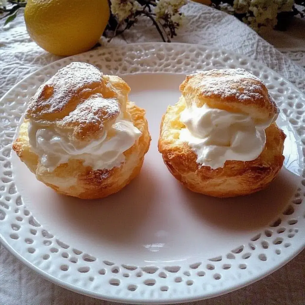 Two cream-filled pastries dusted with powdered sugar are placed on a decorative white plate, accompanied by a lemon in the background.