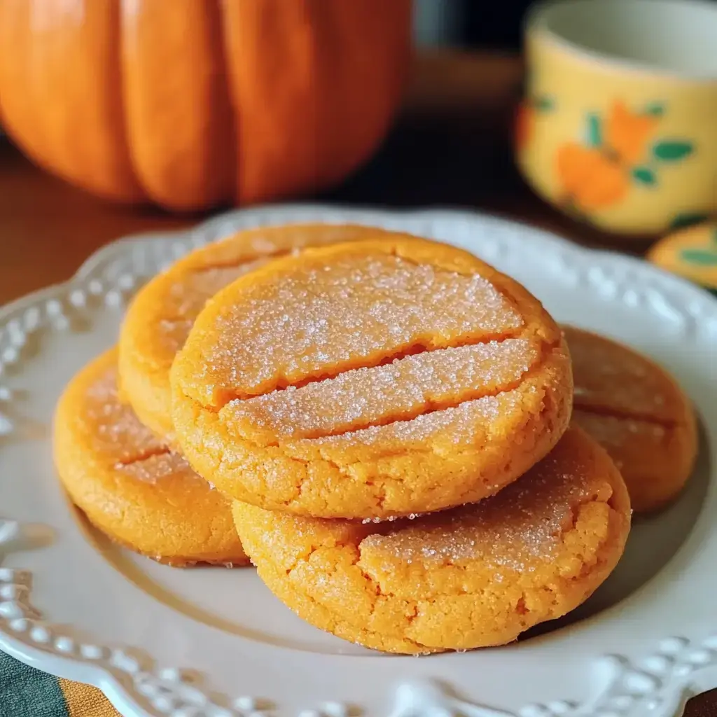 A plate of golden orange cookies, sprinkled with sugar, sits in front of a decorative pumpkin.