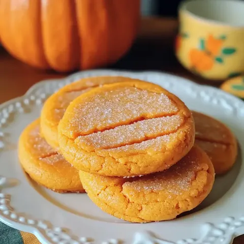 A plate of golden orange cookies, sprinkled with sugar, sits in front of a decorative pumpkin.