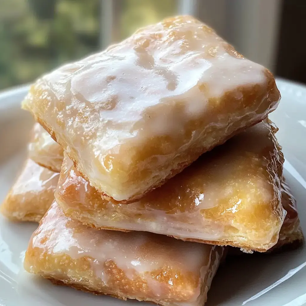 A stack of glazed pastries is displayed on a white plate.