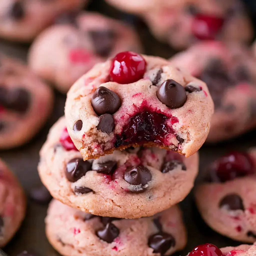 A stack of cookies featuring chocolate chips and a cherry filling, with one cookie showing a bite taken out to reveal the gooey interior.