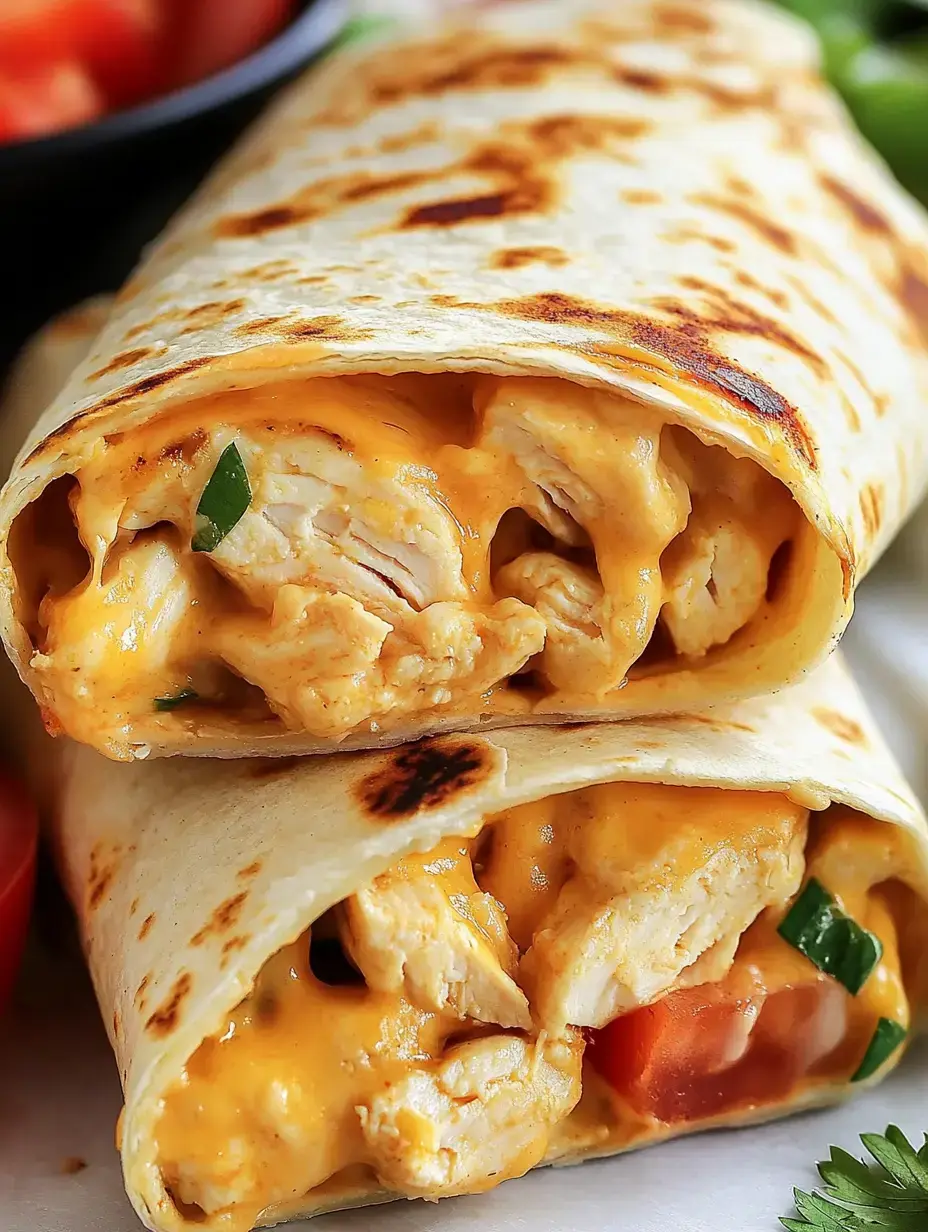 A close-up of two grilled chicken and cheese burritos, showing melted cheese and chopped tomatoes inside, with fresh ingredients in the background.