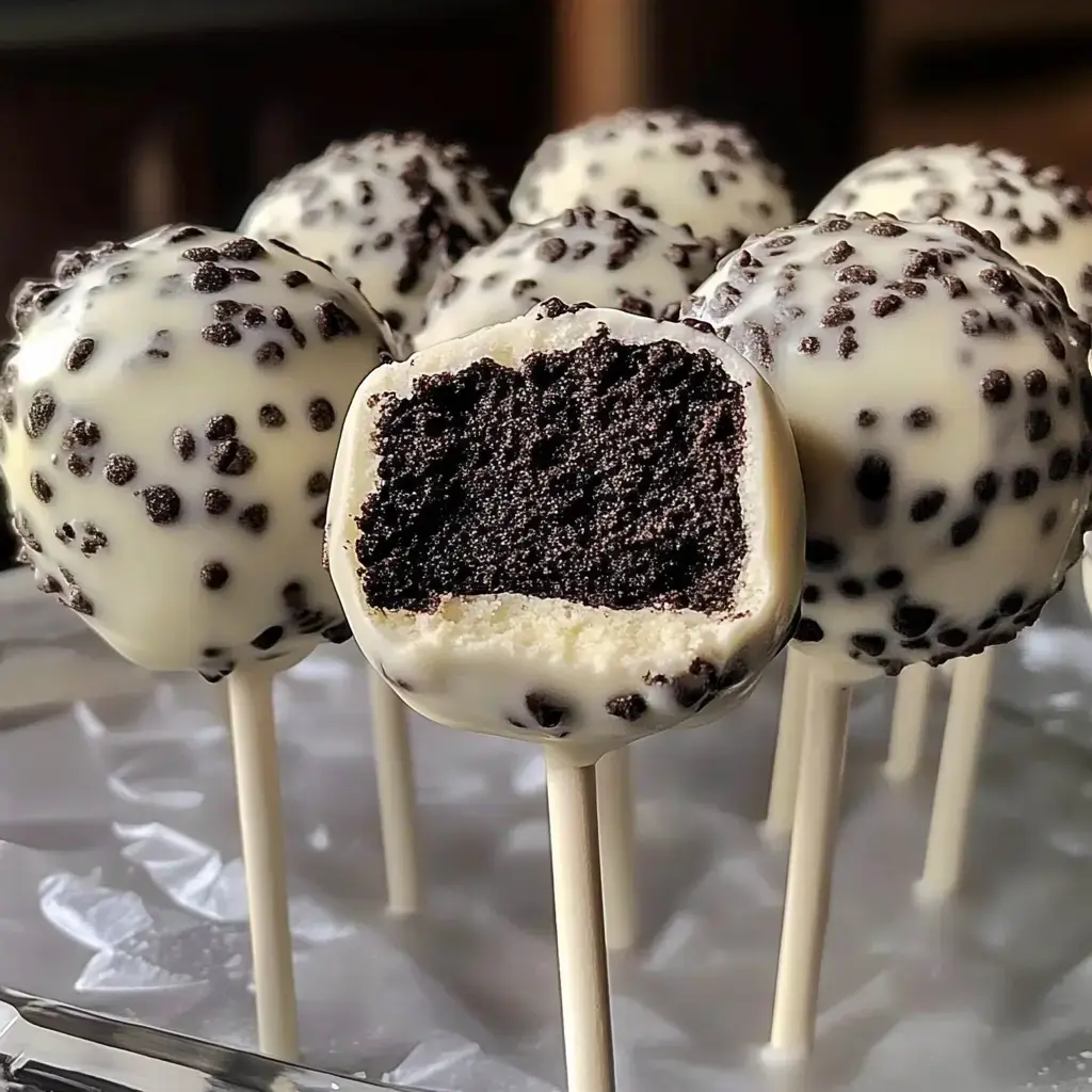 A close-up of cake pops coated in white chocolate and sprinkled with chocolate chips, with one pop cut in half revealing a moist chocolate cake interior.