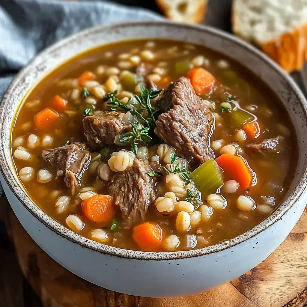 A hearty bowl of beef and barley soup with carrots, celery, and herbs, served alongside slices of bread.