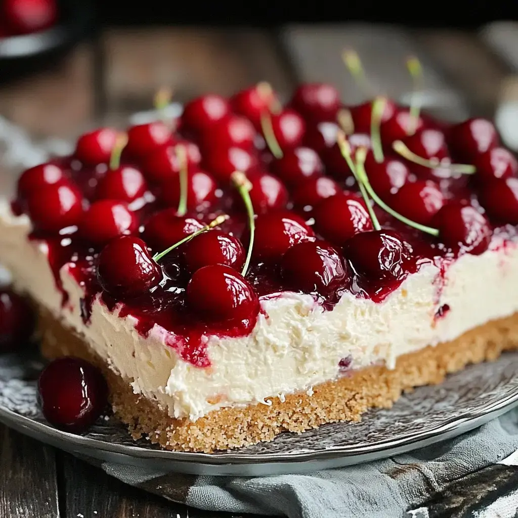 A slice of creamy cheesecake topped with glossy cherry glaze and fresh cherries on a decorative plate.