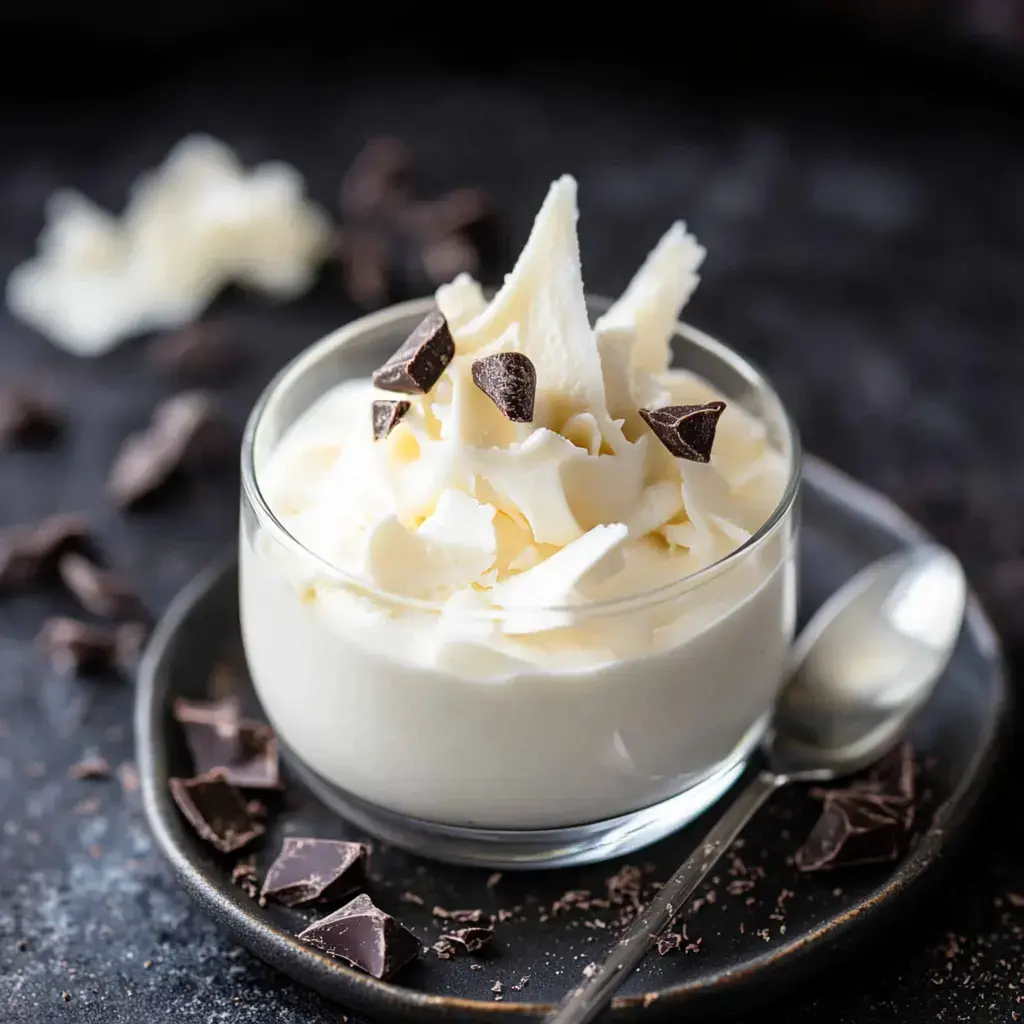 A glass dessert cup filled with creamy white mousse, topped with chocolate shavings and small chocolate pieces, is presented on a black plate with scattered pieces of chocolate in the background.