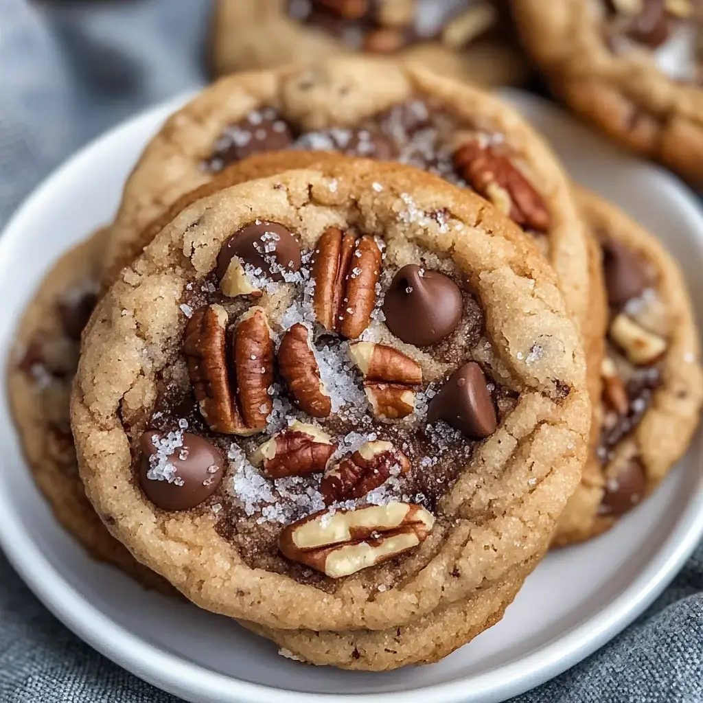 A close-up image of chocolate chip cookies topped with pecans and a sprinkle of sea salt on a white plate.