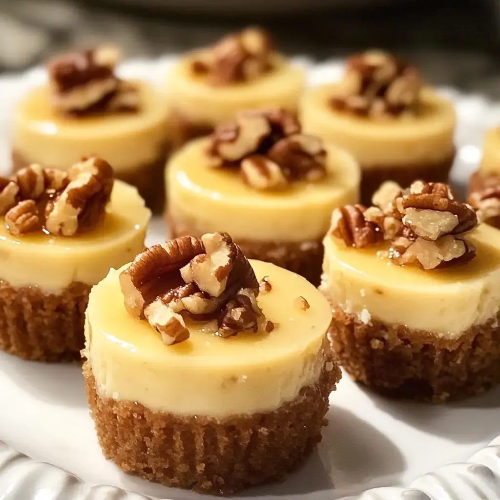 A close-up of mini cheesecakes topped with pecans, placed on a white decorative plate.