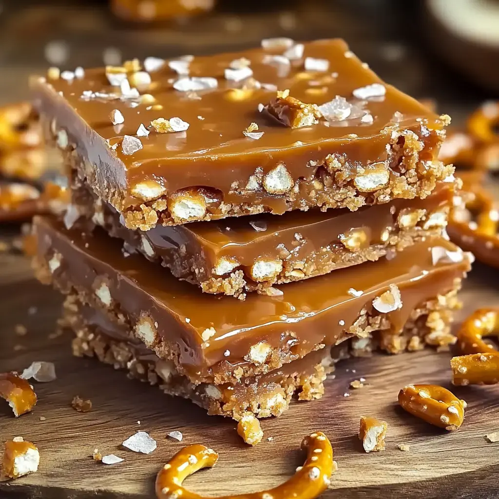 A stack of three caramel-covered pretzel bars topped with a sprinkle of sea salt, surrounded by scattered pretzels on a wooden surface.