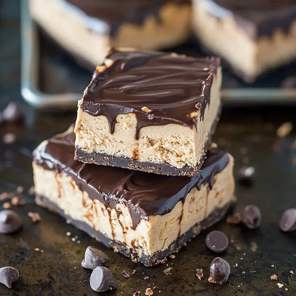 A close-up of two stacked chocolate-covered peanut butter bars with chocolate chips scattered around on a dark surface.