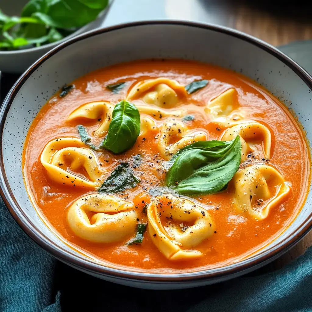 A bowl of tortellini in a creamy tomato soup, garnished with fresh basil and black pepper.