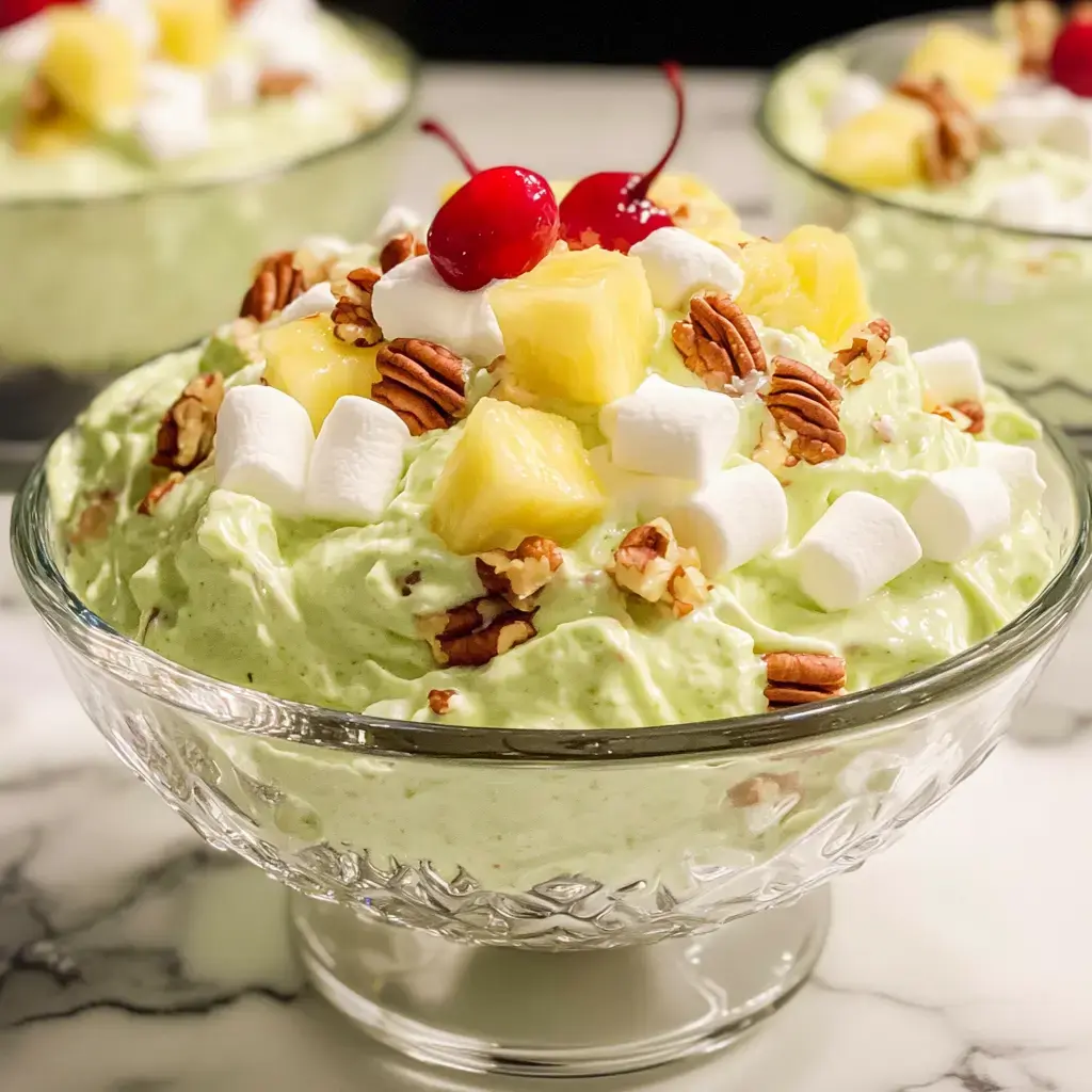 A bowl of green fluffy dessert topped with chopped pecans, pineapple chunks, mini marshmallows, and maraschino cherries.