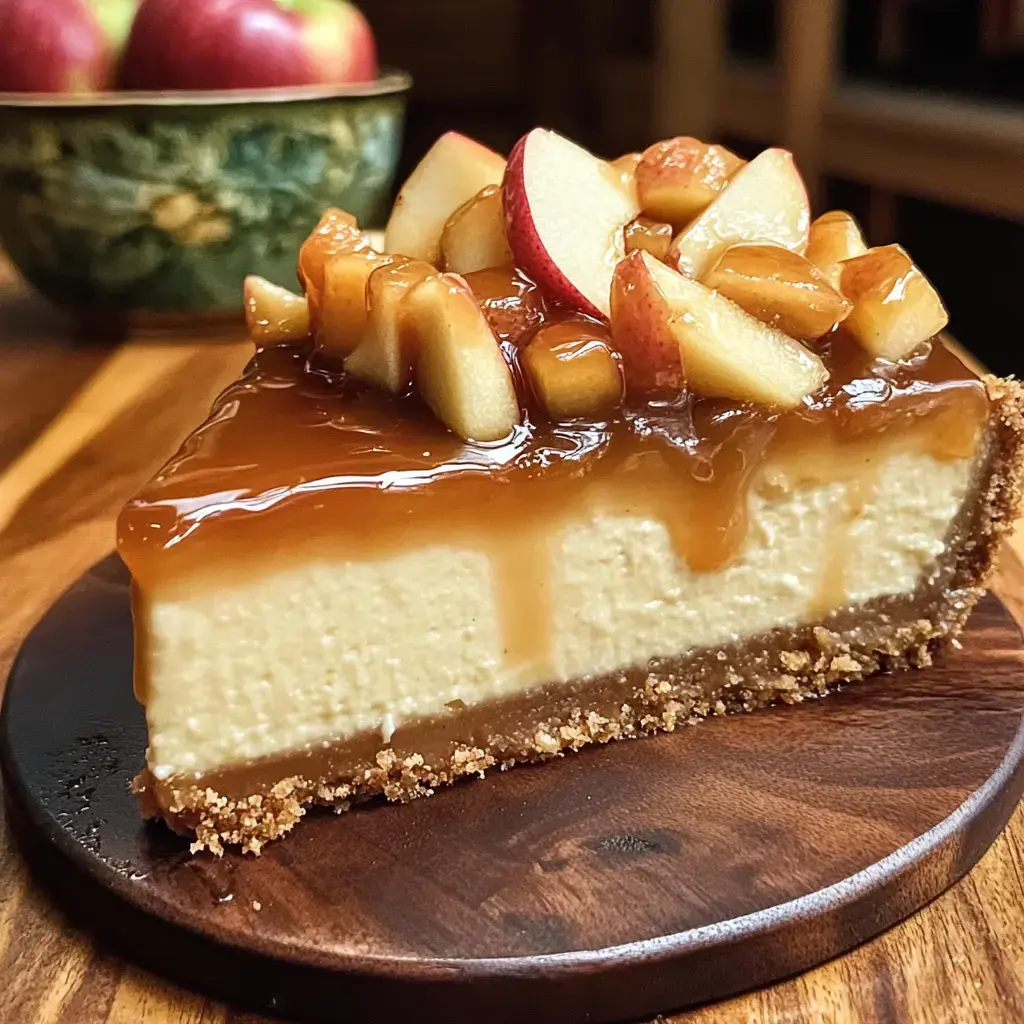 A slice of cheesecake topped with caramel and diced apples sits on a wooden plate, with a bowl of whole apples in the background.