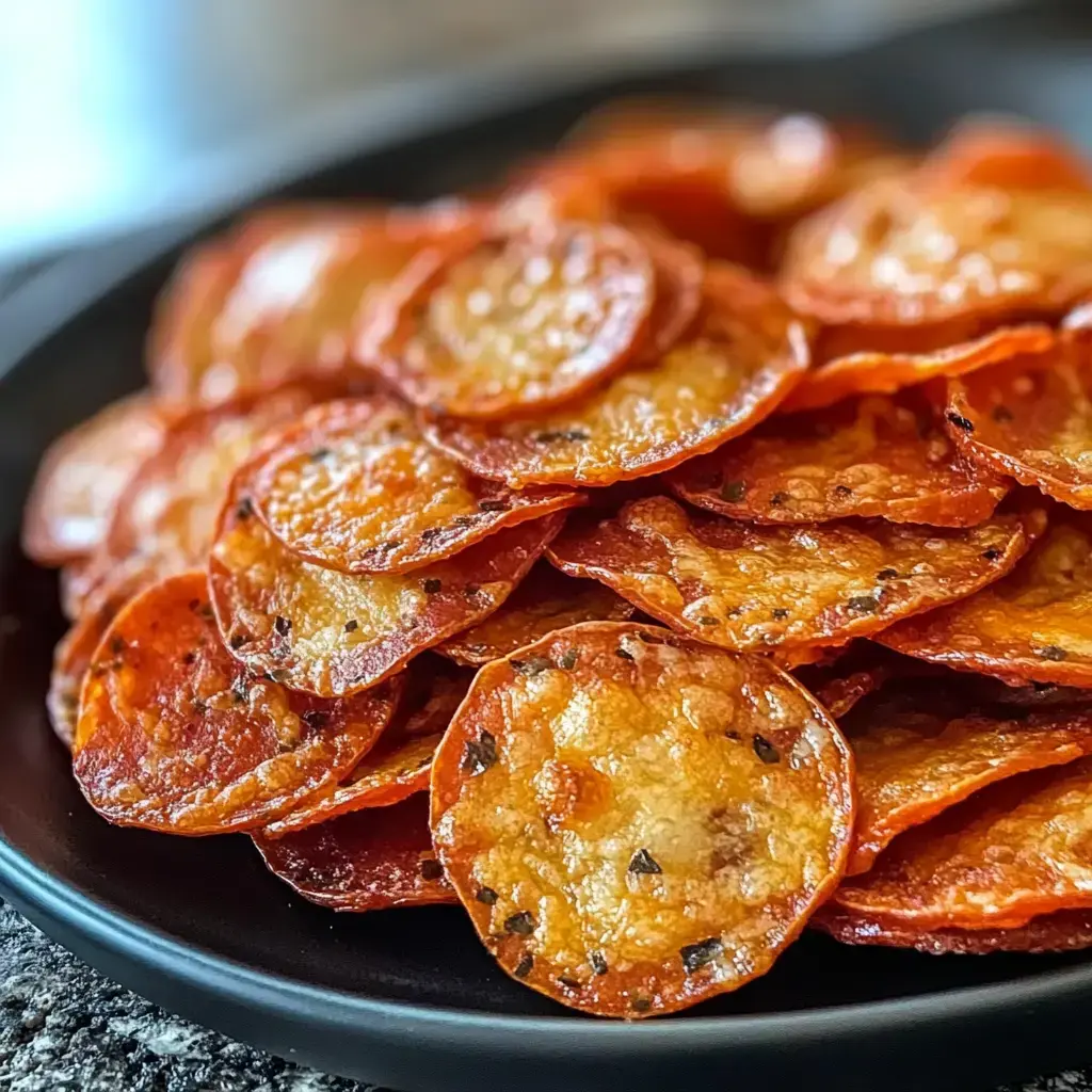 A close-up view of a glossy pile of crispy, baked pepperoni slices on a black plate.