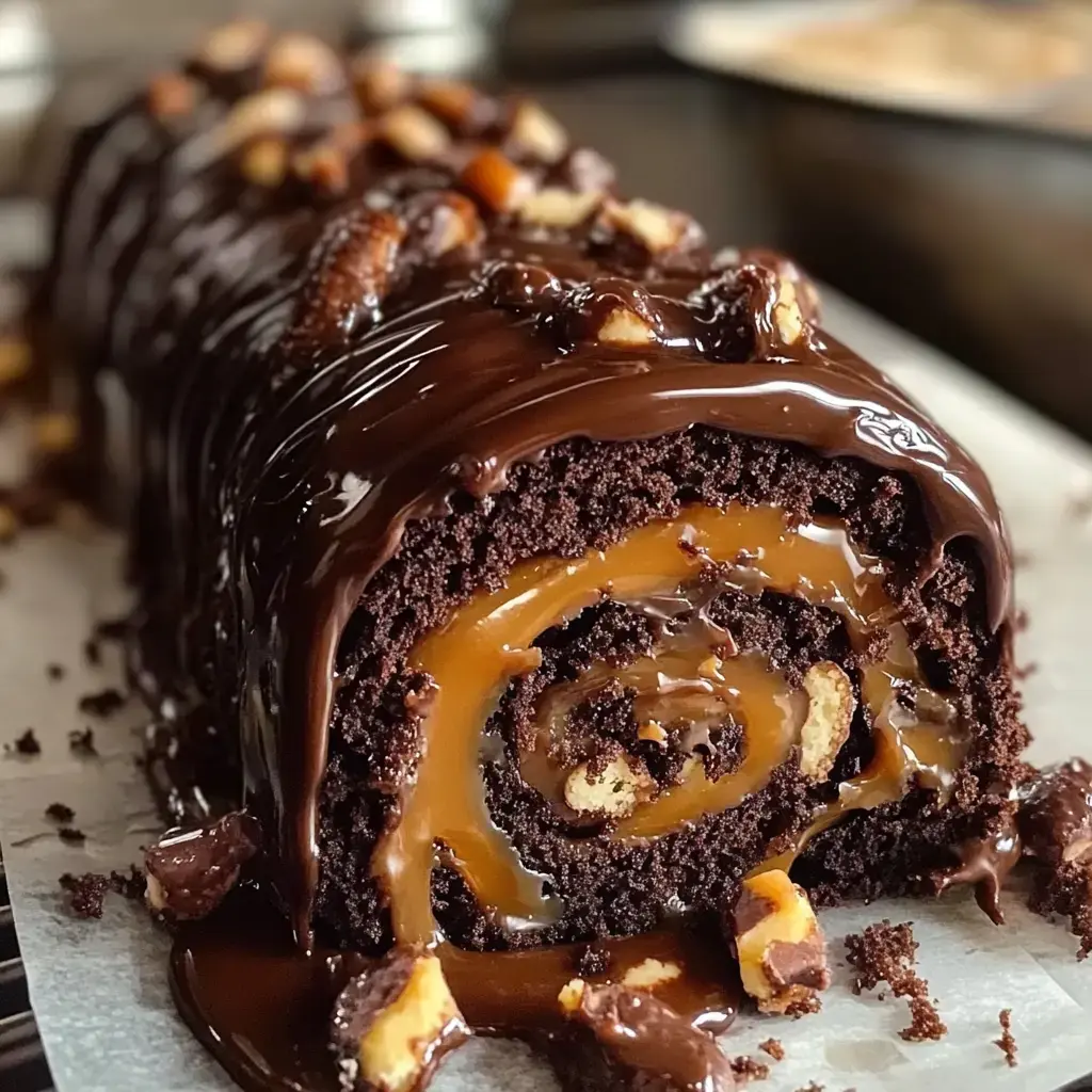 A rich chocolate cake roll filled with caramel and topped with chocolate ganache and crushed nuts.