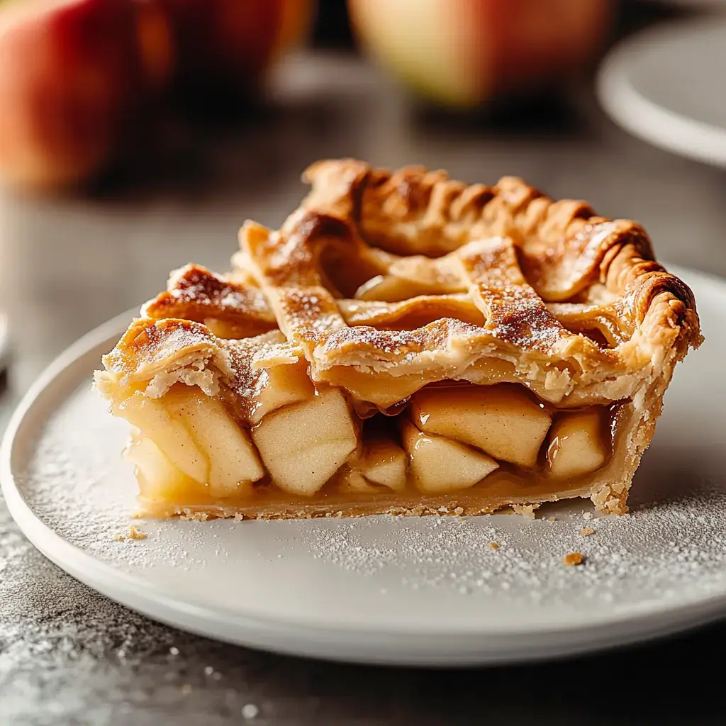 A slice of apple pie with a golden lattice crust, showcasing chunks of caramelized apples inside, is resting on a white plate with powdered sugar dusting.