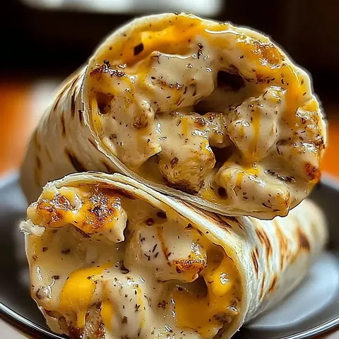 A close-up of two grilled tortillas filled with creamy chicken and cheese, stacked on a plate.