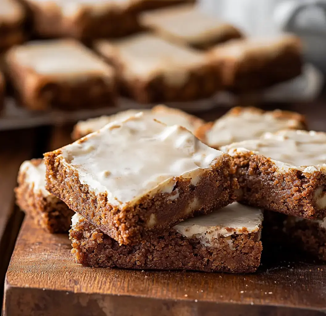 A close-up of stacked, frosted brown sugar bars on a wooden surface.