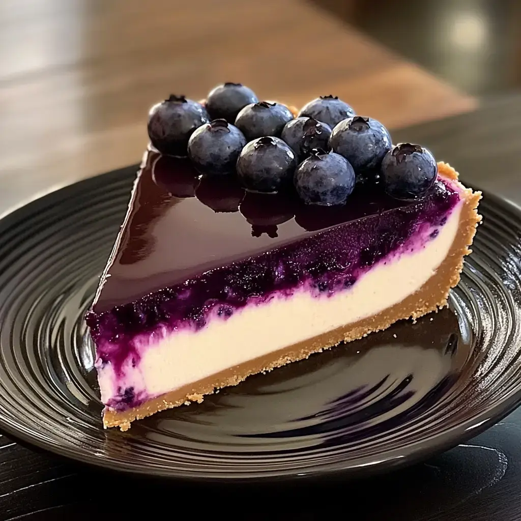 A slice of blueberry cheesecake topped with fresh blueberries sits on a black plate.