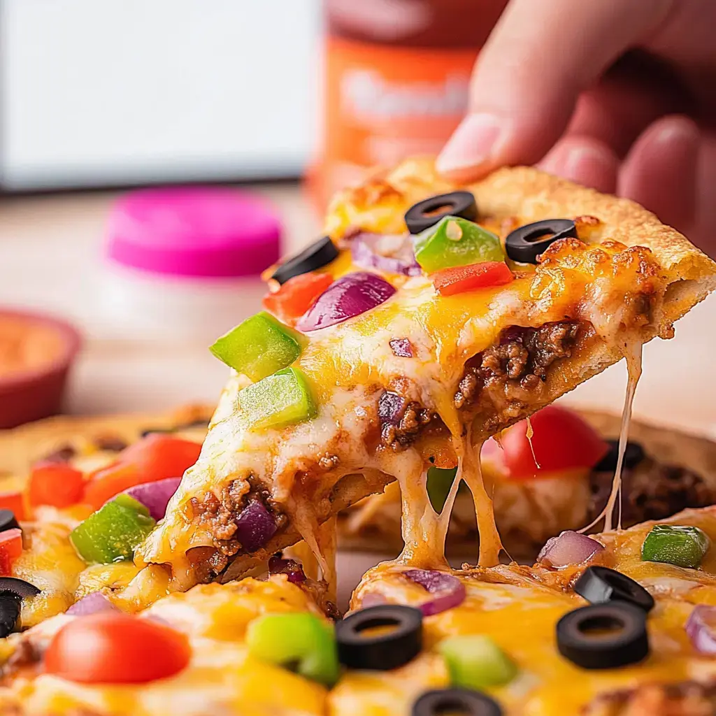 A hand is lifting a slice of cheesy, loaded pizza topped with vegetables and ground meat, with gooey cheese stretching from the slice.