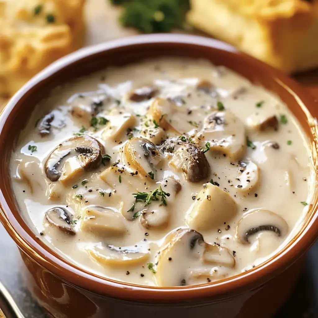 A bowl of creamy mushroom soup garnished with herbs and black pepper, with a piece of bread in the background.