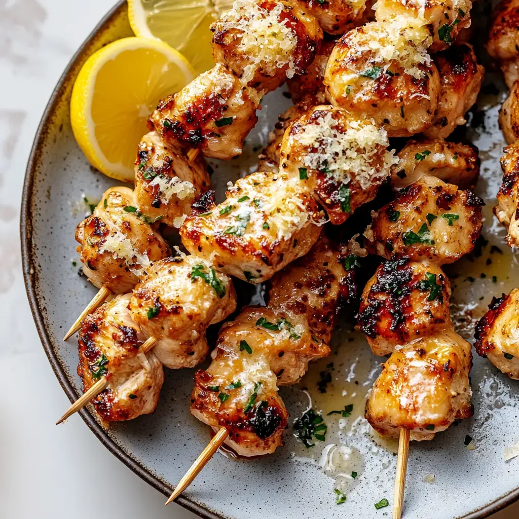 A close-up view of grilled chicken skewers garnished with herbs and lemon wedges on a plate.