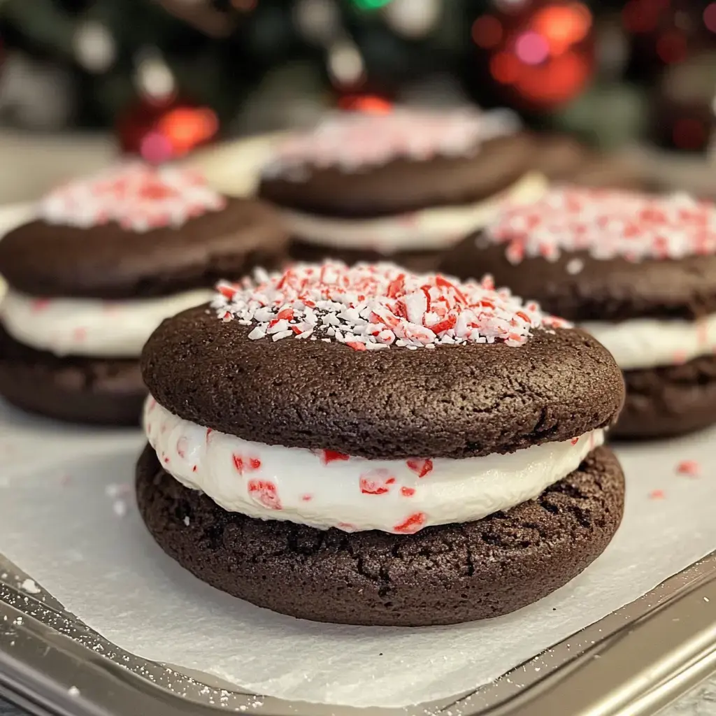 A close-up of chocolate whoopie pies filled with white cream and topped with crushed peppermint pieces, set against a festive background.