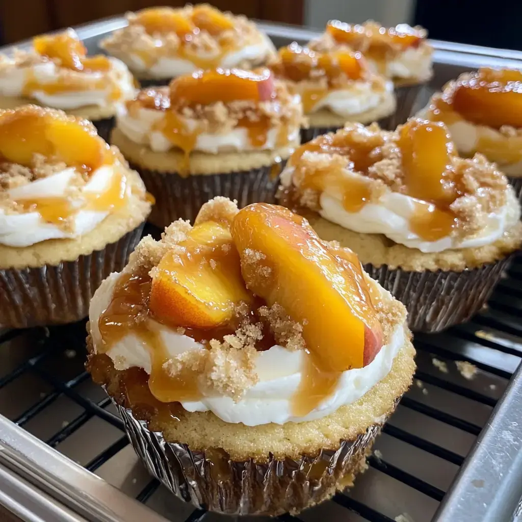 A tray of freshly baked cupcakes topped with frosting, peach slices, caramel drizzle, and crumbled topping.