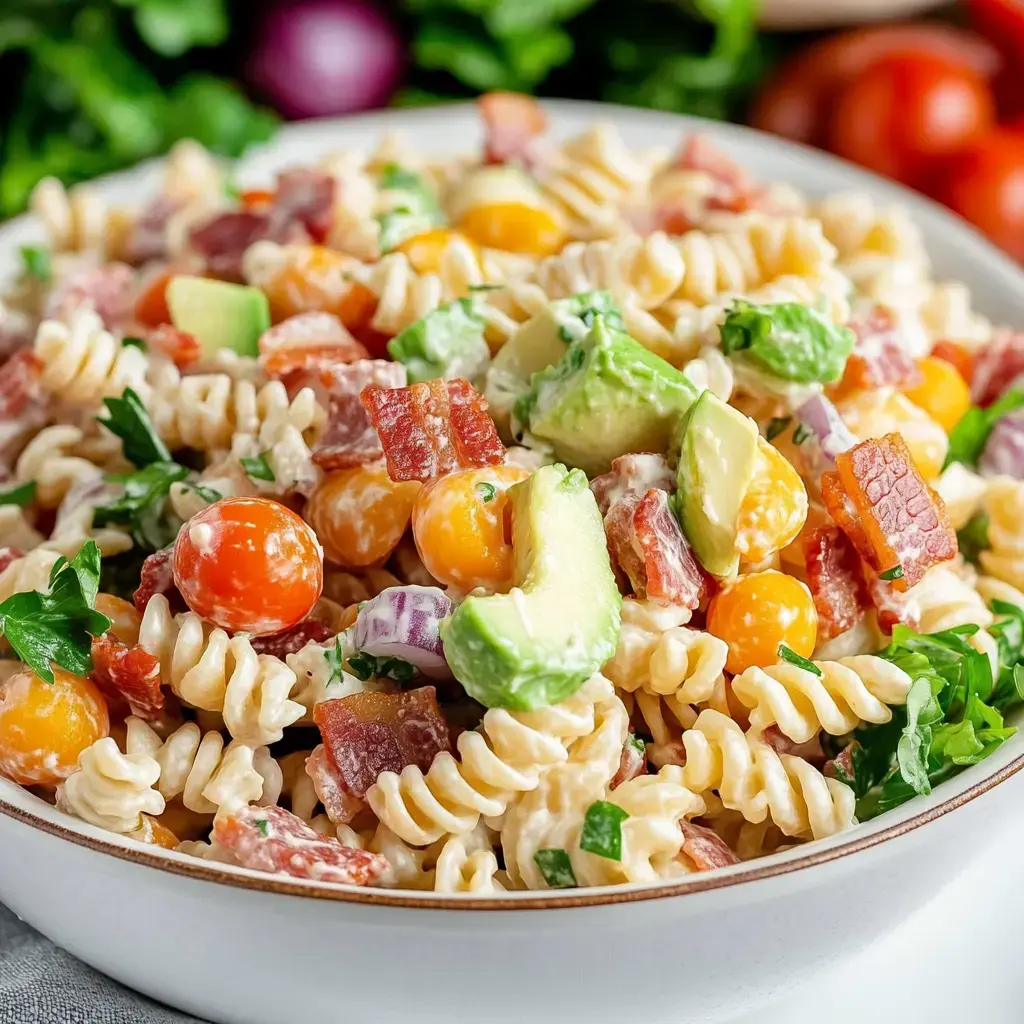 A colorful bowl of pasta salad featuring spiral pasta, cherry tomatoes, avocado, diced bacon, and parsley in a creamy dressing.