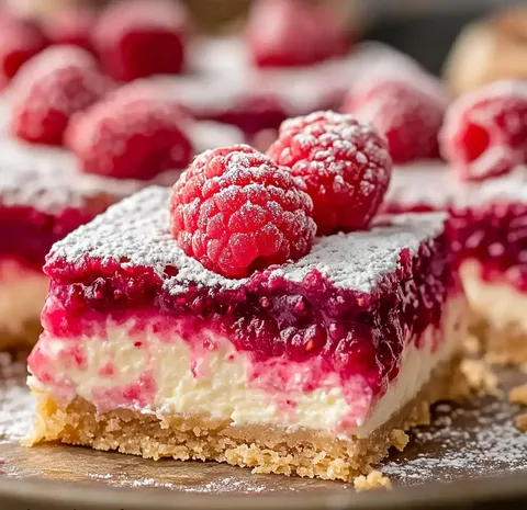 A close-up of a raspberry dessert with a creamy layer and a dusting of powdered sugar, topped with fresh raspberries.