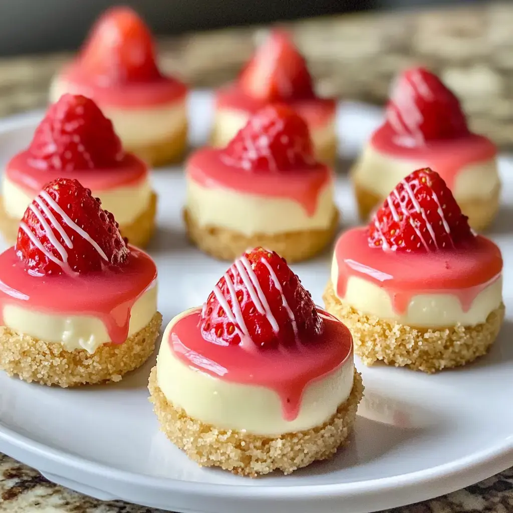 A plate of mini cheesecakes topped with glossy strawberry glaze and fresh strawberries.