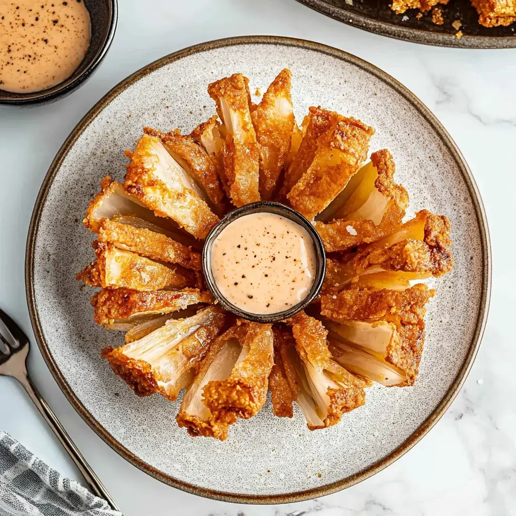 A platter of crispy fried onion petals arranged in a circular shape with a small bowl of dipping sauce in the center.