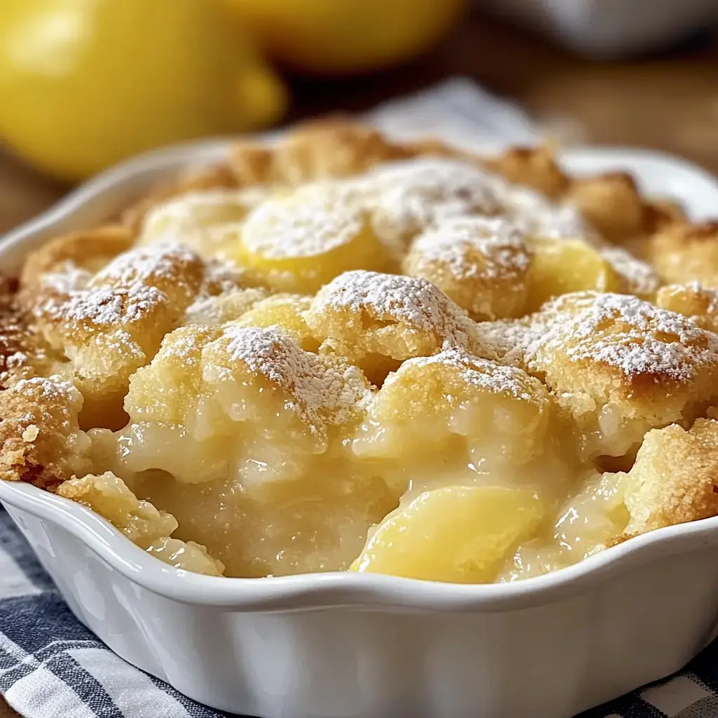 A baked dessert with a golden crust and powdered sugar on top, featuring a creamy lemon filling.