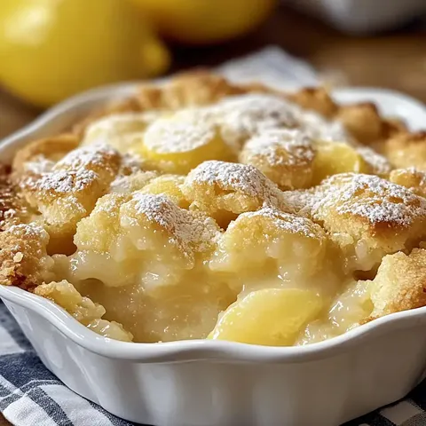 A baked dessert with a golden crust and powdered sugar on top, featuring a creamy lemon filling.