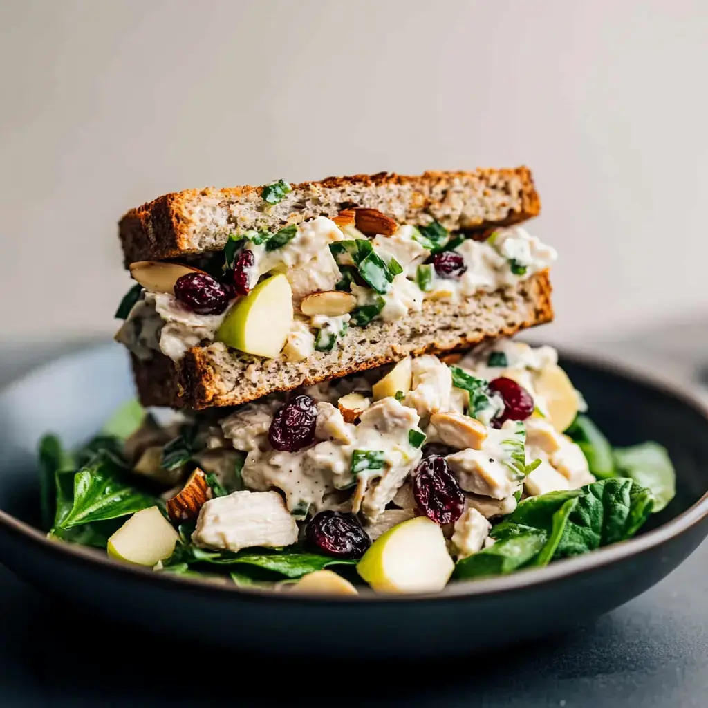 A stacked sandwich filled with chicken salad and almonds sits atop a bed of spinach and apple slices in a dark bowl.