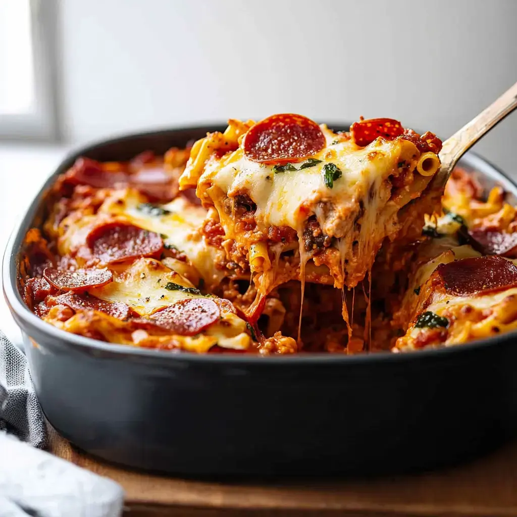 A serving of cheesy pepperoni lasagna is being lifted from a black baking dish, showcasing layers of pasta, meat, and melted cheese.