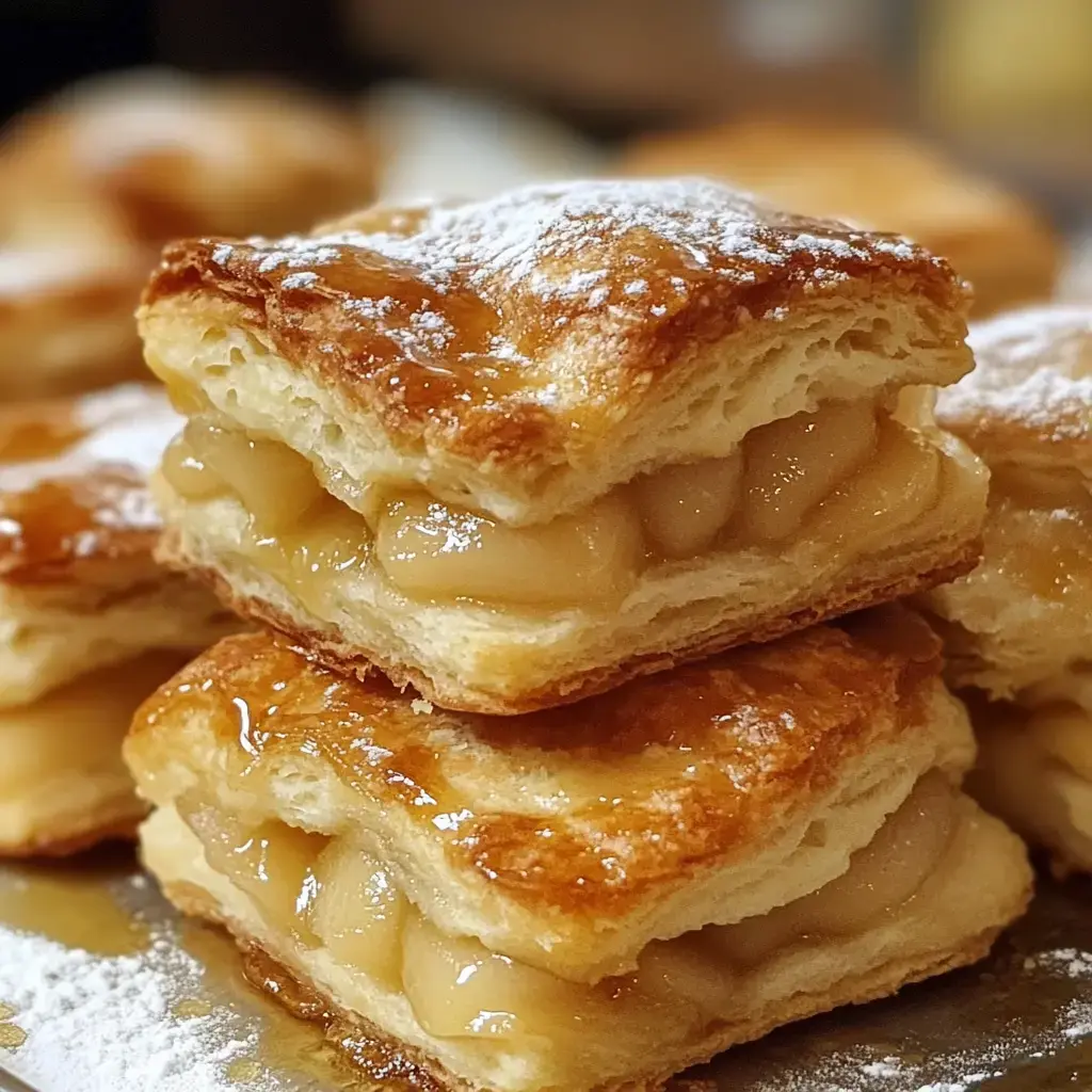 A stack of flaky pastry filled with apple filling and dusted with powdered sugar.