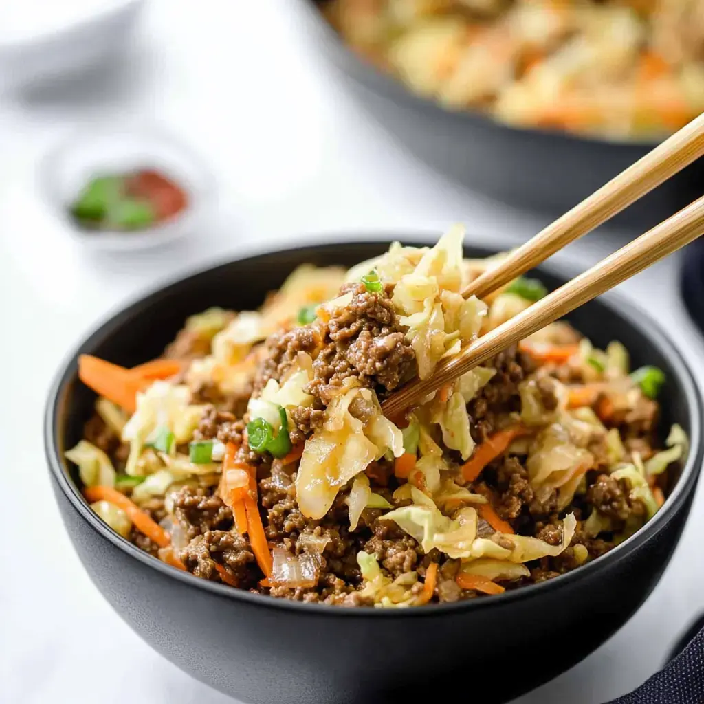 A bowl of cooked ground beef mixed with cabbage, carrots, and green onions, served with chopsticks.