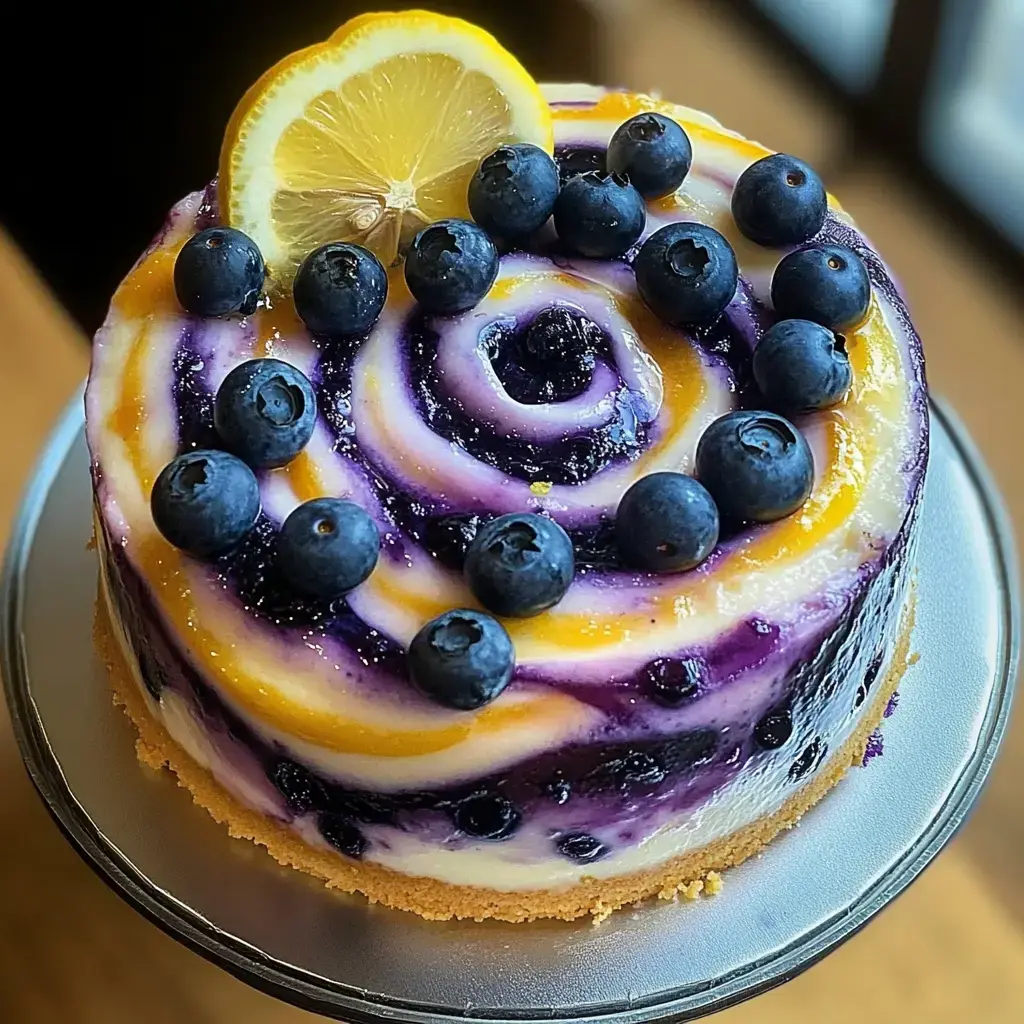 A beautifully layered cake topped with blueberries and a slice of lemon, featuring swirls of purple and yellow frosting.