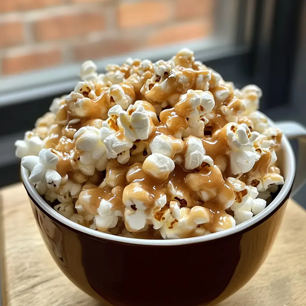 A close-up of a bowl filled with popcorn drizzled in caramel sauce, set against a window backdrop.