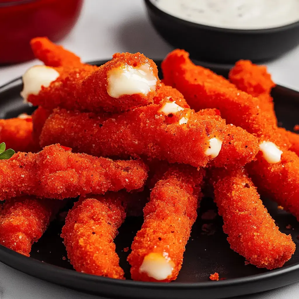 A plate of orange, crispy cheese sticks with creamy filling, garnished with a parsley leaf, sits next to a small bowl of dipping sauce.