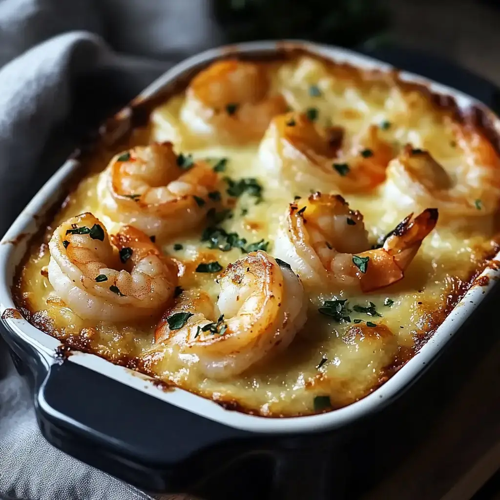 A baked dish topped with golden shrimp and garnished with green herbs.