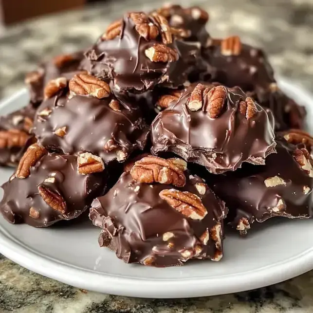 A close-up of a plate stacked with chocolate-covered treats topped with pecans.